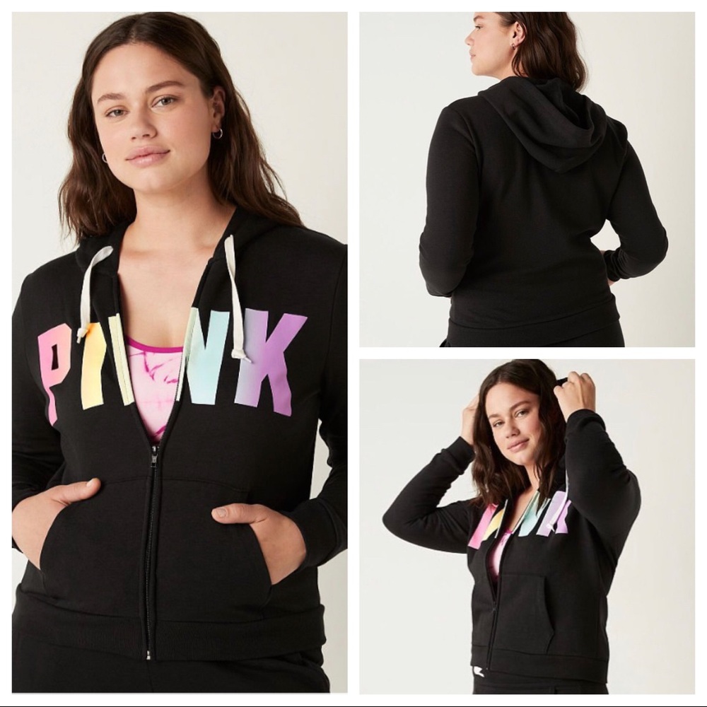 Vs Victorias Secret Pink Perfect Full Zip Hoodie Sweater Jacket Top Rainbow S